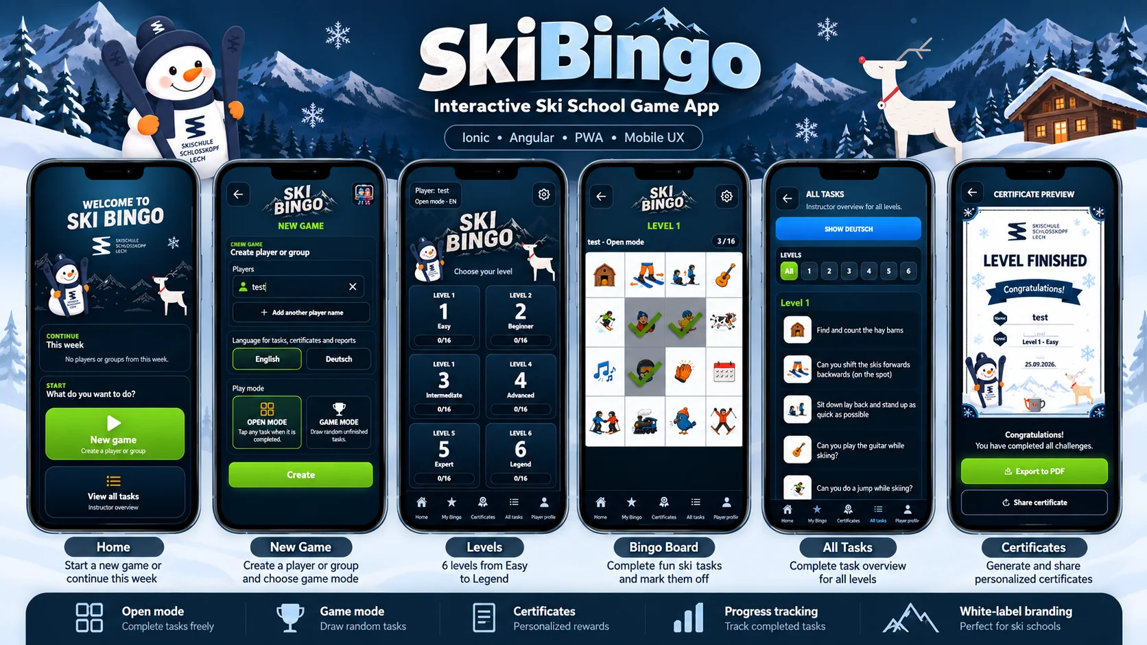 Detailed SkiBingo screens showing home, new game, levels, bingo board, all tasks and a personalised certificate