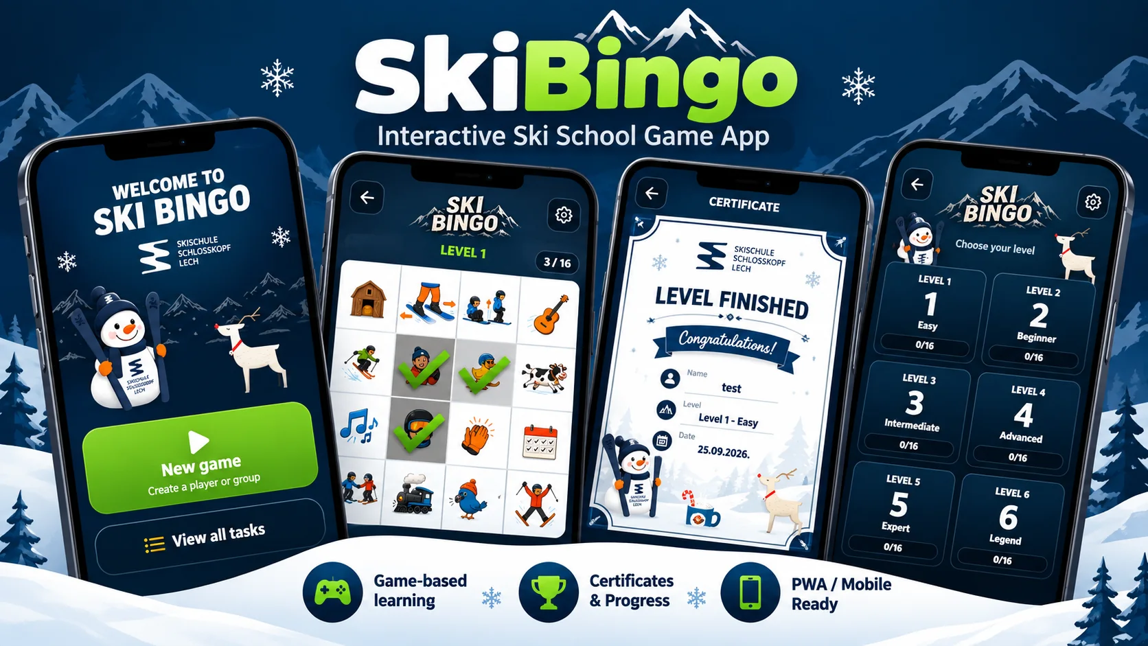 SkiBingo mobile game showing home screen, bingo board, certificate and progression levels